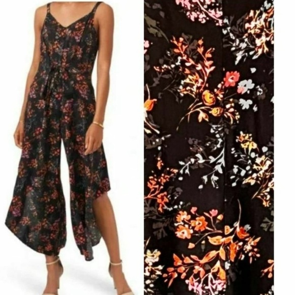1. STATE Maroon Floral Romper Jumpsuit Boho Wide Leg Asymmetrical Hem Size Small - Picture 1 of 8